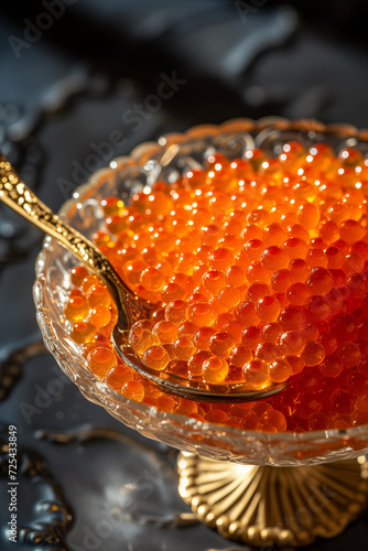 
close-up food photography.red salmon caviar served in a crystal plate with a golden teaspoon. 