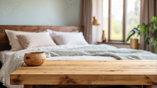 Empty wooden table for product display with blurry bedroom background © adynue