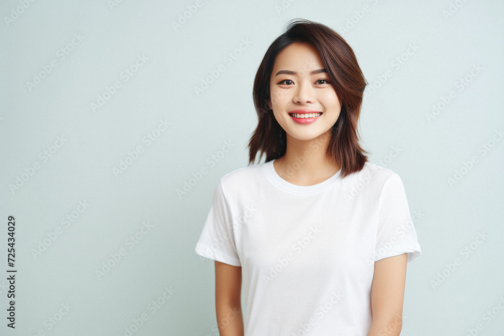 Young happy smiling Asian woman model wearing tshirt looking at camera on color background. Face skin hair care korean cosmetic and makeup, fashion ads. Beauty portrait. White t-shirt mock up template Young happy smiling Asian woman model wearing tshirt looking at camera on color background. Face skin hair care korean cosmetic and makeup, fashion ads. Beauty portrait. White t-shirt mock up template