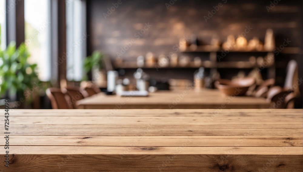 Empty wooden table for product display with blurry dining room background Empty wooden table for product display with blurry dining room background