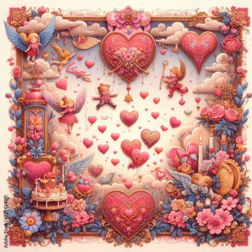 Heart-shaped frame adorned with delightful heart-shaped cookies, a sweet illustration capturing love, romance, and festive celebrations, featuring pink, red, and Valentine themed elements in a beautif