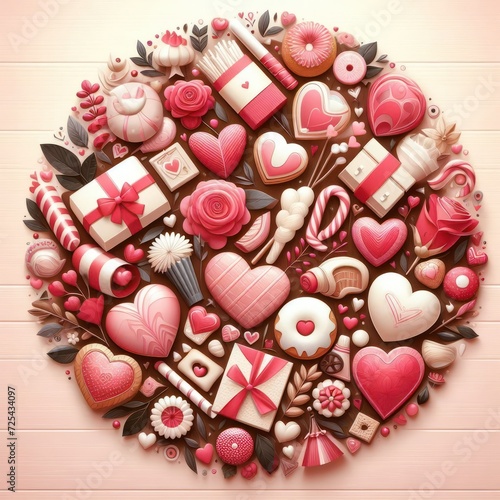 Colorful heart-shaped candies, buttons, and decorations in a festive holiday arrangement, featuring sweet treats, chocolate, fruits, and beautiful details