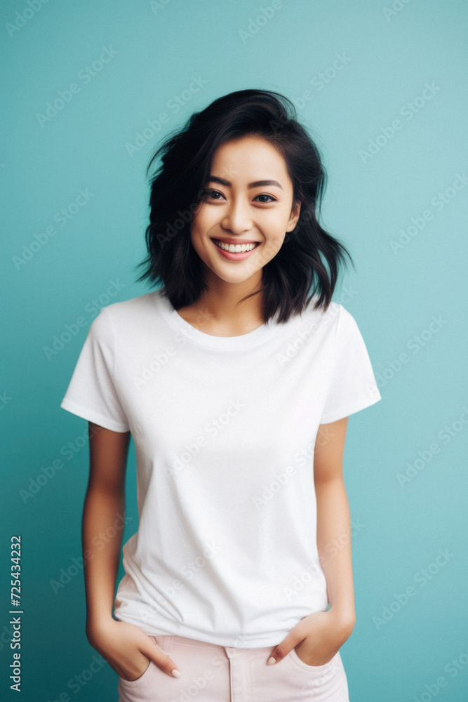 Young happy smiling Asian woman model wearing tshirt looking at camera on color background. Face skin hair care korean cosmetic and makeup, fashion ads. Beauty portrait. White t-shirt mock up template Young happy smiling Asian woman model wearing tshirt looking at camera on color background. Face skin hair care korean cosmetic and makeup, fashion ads. Beauty portrait. White t-shirt mock up template
