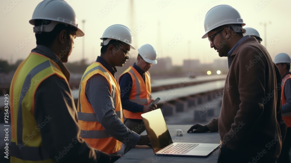 Expert engineering and architect team inspecting expressway construction site with laptops – road construction professionals at work Expert engineering and architect team inspecting expressway construction site with laptops – road construction professionals at work
