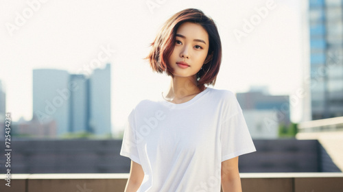 Free Download Young pretty Asian woman model wearing tshirt looking at camera standing on color background. Face skin care korean cosmetic and makeup, fashion ads. Beauty portrait. White t-shirt mock up template . - GFXLoad