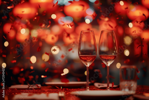 
two glasses on a restaurant table. against a blurred background of Chinese red lanterns, red and gold confetti. festive atmosphere, celebrating of chinese new year