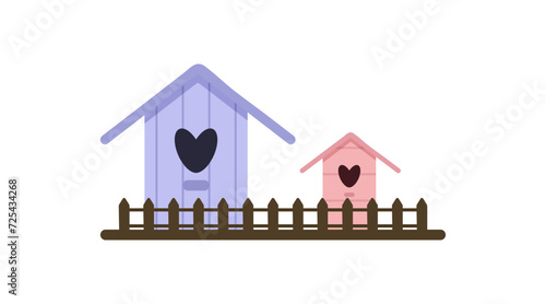 Two wooden birdhouses, blue and pink, behind a wooden fence. Collection of houses for birds, feeders, nesting places. Vector illustration on a white background, eps 10.