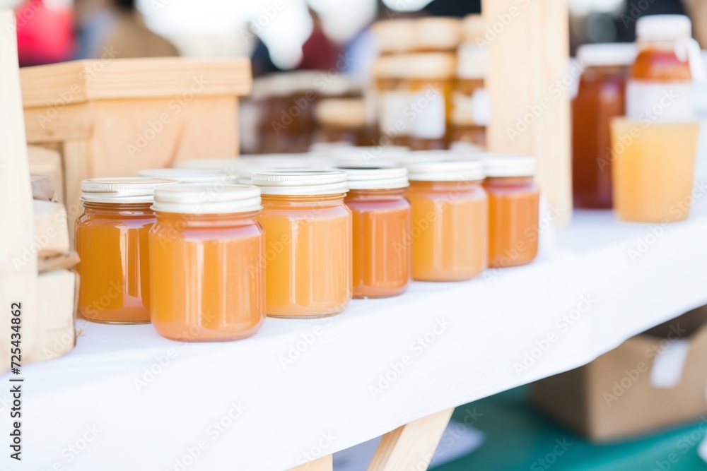 a shelf of jarred local honey at a farmers market a shelf of jarred local honey at a farmers market