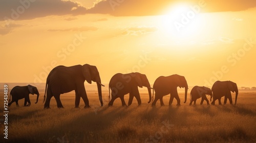Tranquil Sunset Stroll of Elephants AI Generated.