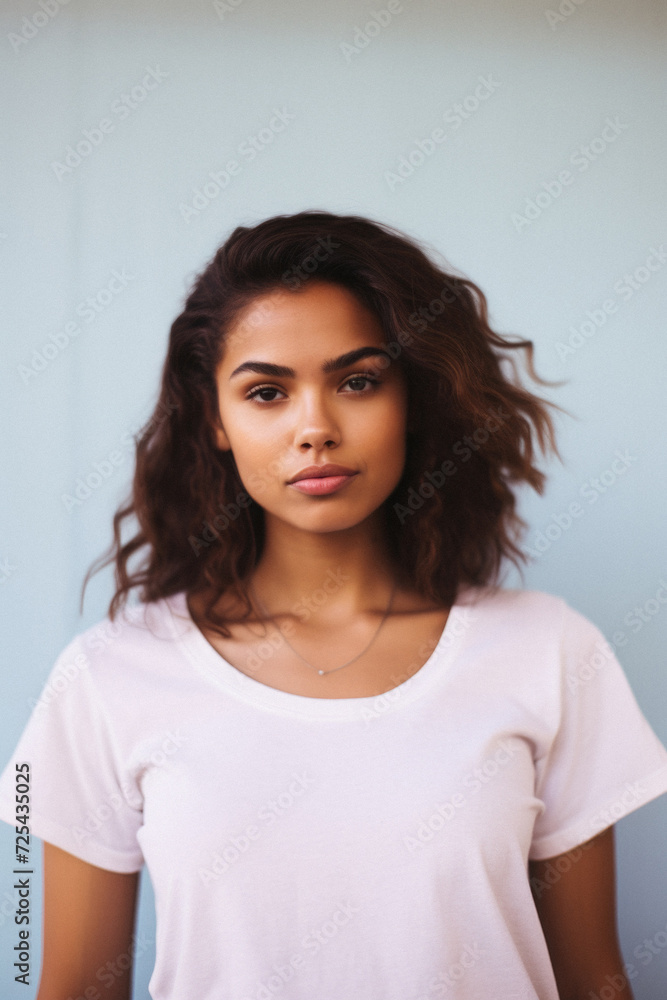 Young cool Latin woman hipster gen z model wearing mockup tshirt looking at camera on color background. Face skin care cosmetics makeup, fashion ads. Beauty portrait. White t-shirt mock up template . Young cool Latin woman hipster gen z model wearing mockup tshirt looking at camera on color background. Face skin care cosmetics makeup, fashion ads. Beauty portrait. White t-shirt mock up template .
