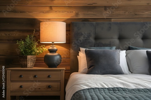 A farmhouse-inspired bedroom features a bedside drawer nightstand with a lamp, set near a grey fabric headboard against a wood paneling wall.