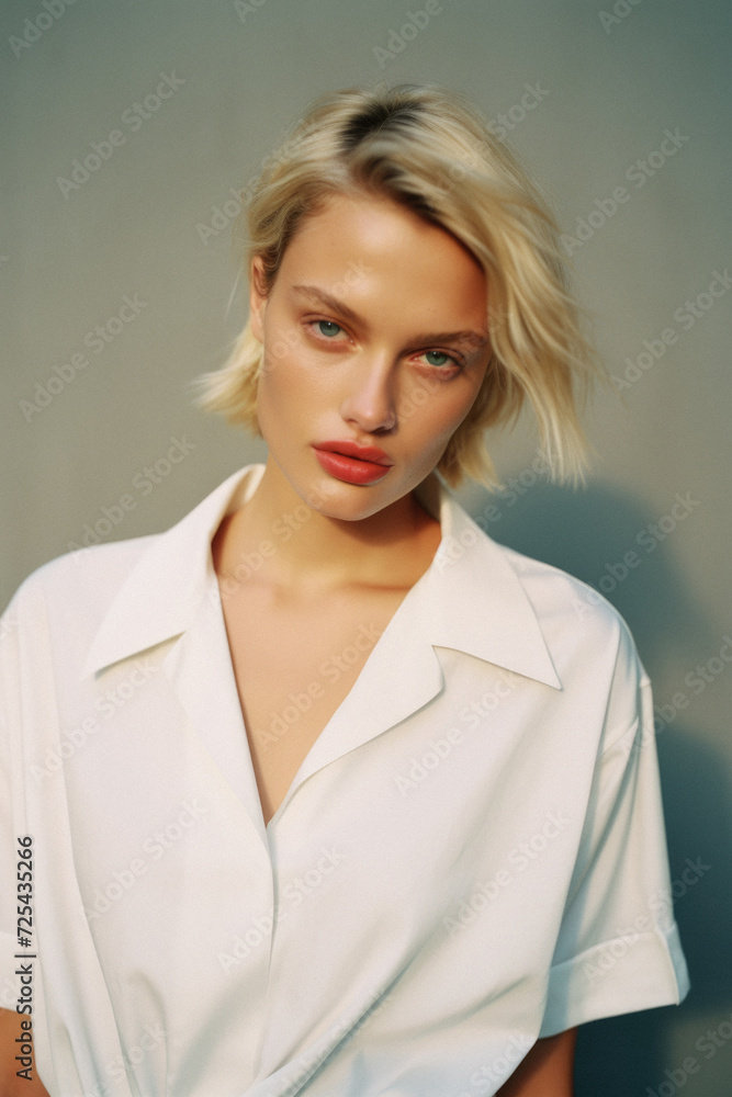 Young pretty cool trendy woman gen z model wearing tshirt looking at camera standing on color background. Face skin care cosmetics makeup, fashion ads. Beauty portrait. White t-shirt mock up template. Young pretty cool trendy woman gen z model wearing tshirt looking at camera standing on color background. Face skin care cosmetics makeup, fashion ads. Beauty portrait. White t-shirt mock up template.