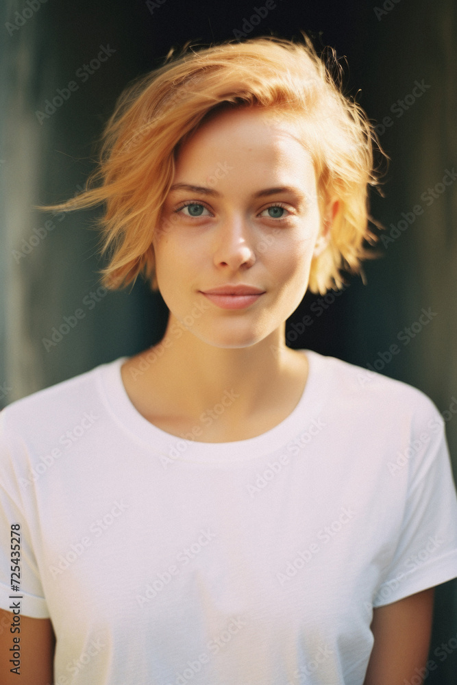 Young happy woman, smiling gen z girl model wearing tshirt looking at camera standing on color background. Face skin care cosmetics makeup, fashion ads. Beauty portrait. White t-shirt mock up template Young happy woman, smiling gen z girl model wearing tshirt looking at camera standing on color background. Face skin care cosmetics makeup, fashion ads. Beauty portrait. White t-shirt mock up template