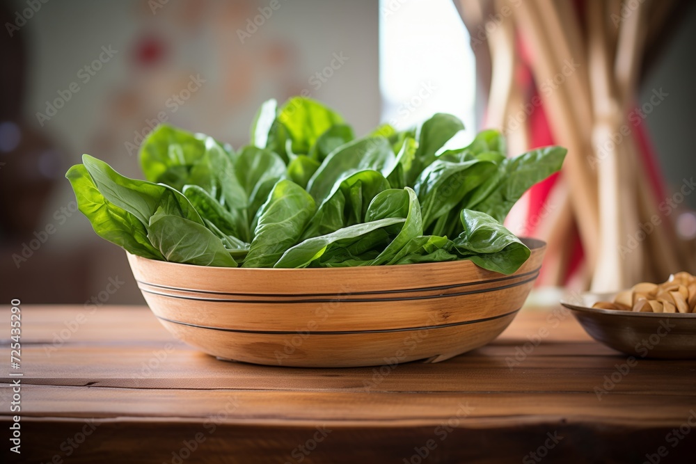 landscape of green spinach leaves in a wooden salad bowl landscape of green spinach leaves in a wooden salad bowl