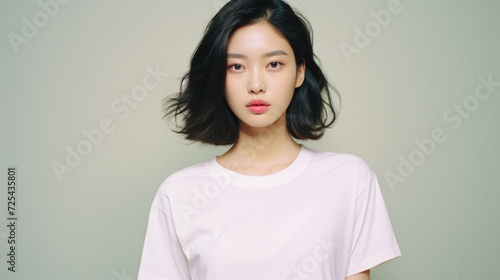 Young pretty Asian woman model wearing tshirt looking at camera standing on color background. Face skin care korean cosmetic and makeup, fashion ads. Beauty portrait. White t-shirt mock up template . photo