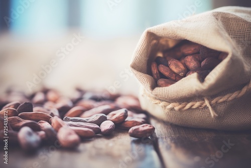 raw cacao beans in a rustic burlap sack photo