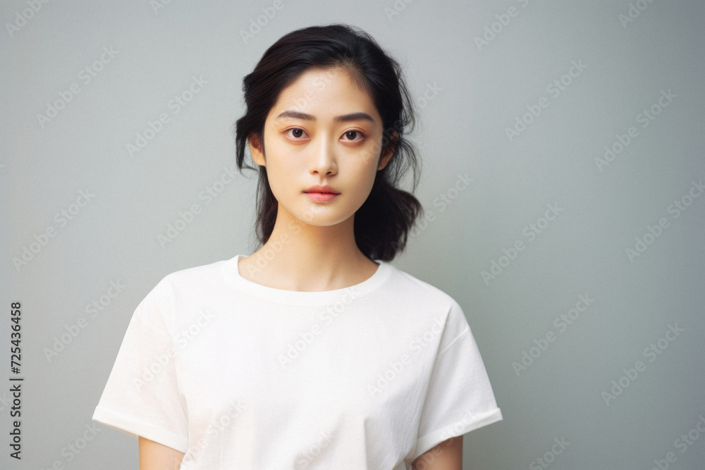 Young pretty Asian woman model wearing tshirt looking at camera standing on color background. Face skin care korean cosmetic and makeup, fashion ads. Beauty portrait. White t-shirt mock up template . Young pretty Asian woman model wearing tshirt looking at camera standing on color background. Face skin care korean cosmetic and makeup, fashion ads. Beauty portrait. White t-shirt mock up template .