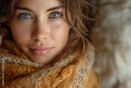 portrait femme, plan serré, belle et souriante, avec une grosse écharpe en laine, automne, hiver, froid, photo de mode photo