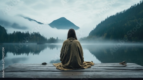 Woman meditating on the lake photo