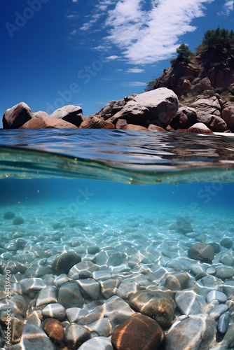 an underwater rocky pool on a blue wave
