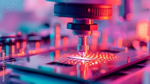 **Close-up of Silicon Die are being Extracted from Semiconductor Wafer and Attached to Substrate by Pick and Place Machine. Computer Chip Manufacturing at Fab. Semiconductor Packaging Process.