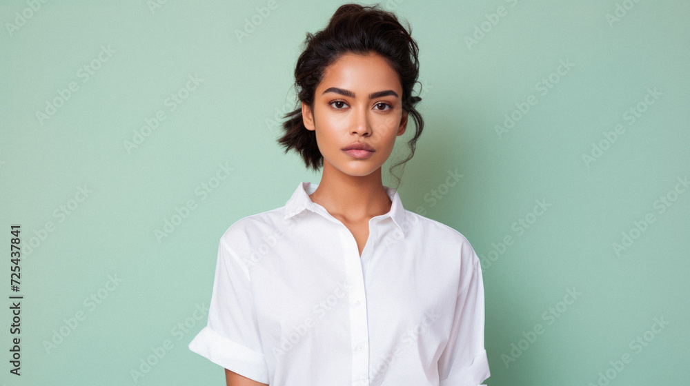 Young pretty cool Indian woman model wearing tshirt looking at camera standing on color background. Face skin care cosmetics makeup, fashion ads. Beauty portrait. White t-shirt mock up template . Young pretty cool Indian woman model wearing tshirt looking at camera standing on color background. Face skin care cosmetics makeup, fashion ads. Beauty portrait. White t-shirt mock up template .