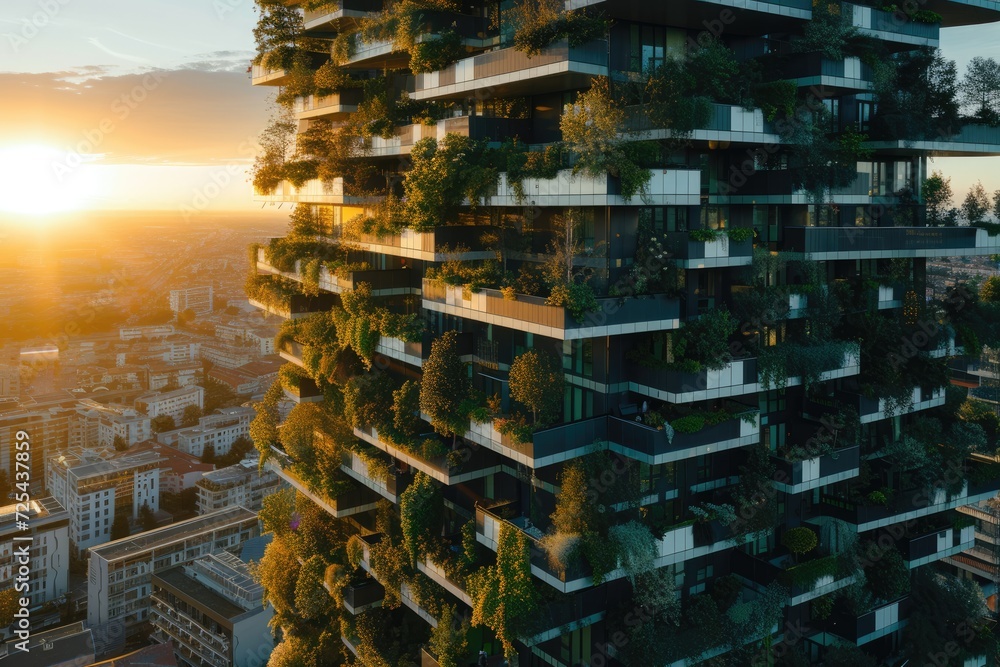 The city of the future with green gardens on the balconies - obrazy, fototapety, plakaty 