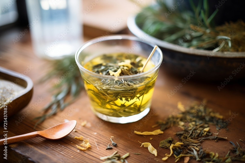 Fototapeta premium composted green tea in a transparent cup with loose tea leaves around