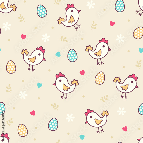 Cute Chicken and Eggs Seamless Pattern with Flower  Leaves and Hearts element. Abstract art print. Design for paper  covers  cards  fabrics  interior items and any. Vector illustration about Easter Da