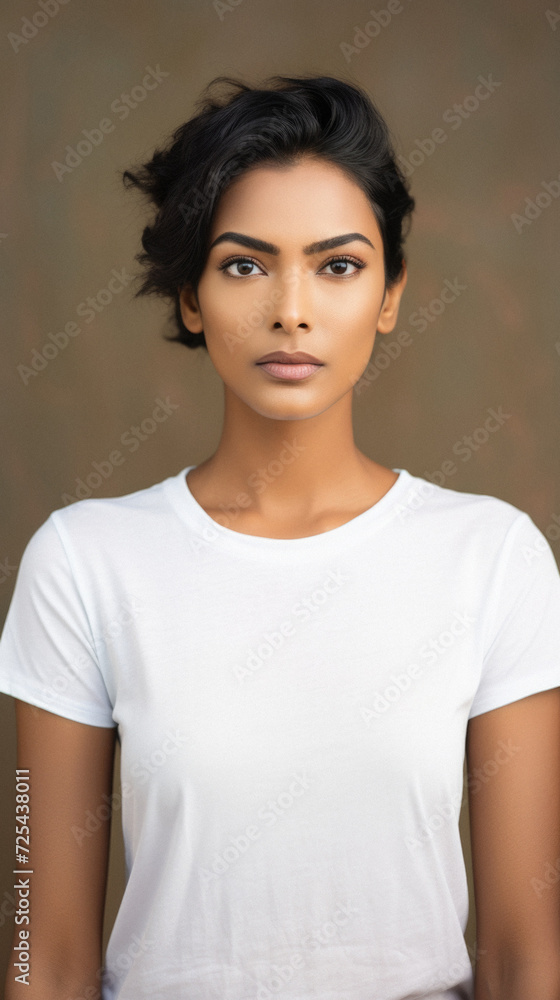 Young pretty cool Indian woman model wearing tshirt looking at camera standing on color background. Face skin care cosmetics makeup, fashion ads. Beauty portrait. White t-shirt mock up template. Young pretty cool Indian woman model wearing tshirt looking at camera standing on color background. Face skin care cosmetics makeup, fashion ads. Beauty portrait. White t-shirt mock up template.