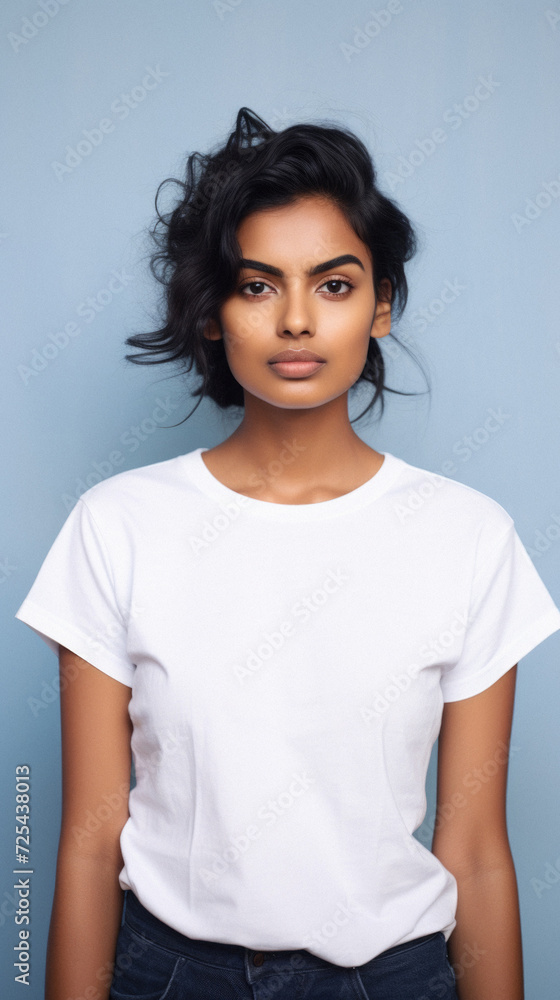 Fototapeta premium Young pretty cool Indian woman model wearing tshirt looking at camera standing on color background. Face skin care cosmetics makeup, fashion ads. Beauty portrait. White t-shirt mock up template .