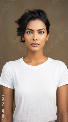 Young pretty cool Indian woman model wearing tshirt looking at camera standing on color background. Face skin care cosmetics makeup, fashion ads. Beauty portrait. White t-shirt mock up template.