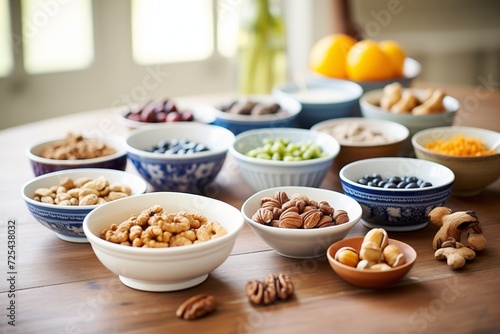 various types of nuts arranged in ceramic bowls