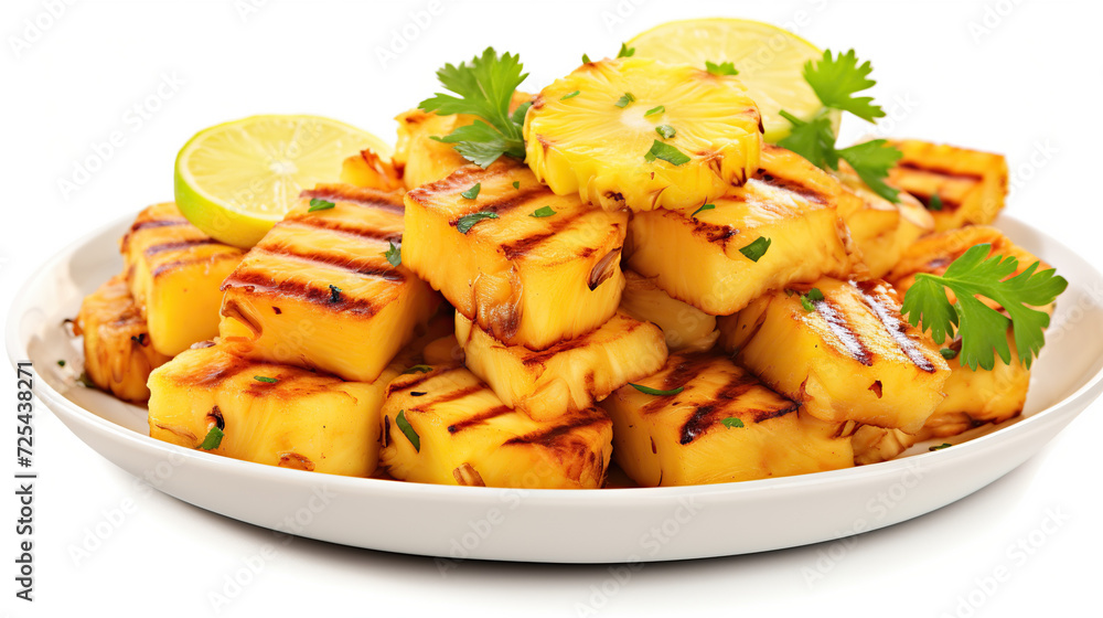 Grilled Pineapple Slices Garnished with Fresh Parsley and Lemon, Served on a White Plate. Grilled Pineapple Slices Garnished with Fresh Parsley and Lemon, Served on a White Plate.