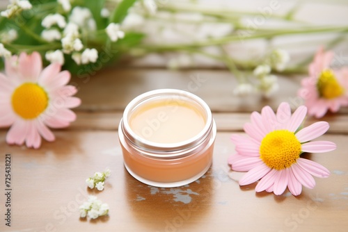 organic lip balm and flowers on table