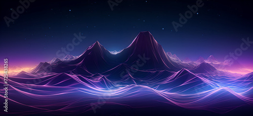 Luminous mountains at night, ion lighting, night lighting of stars in the sky