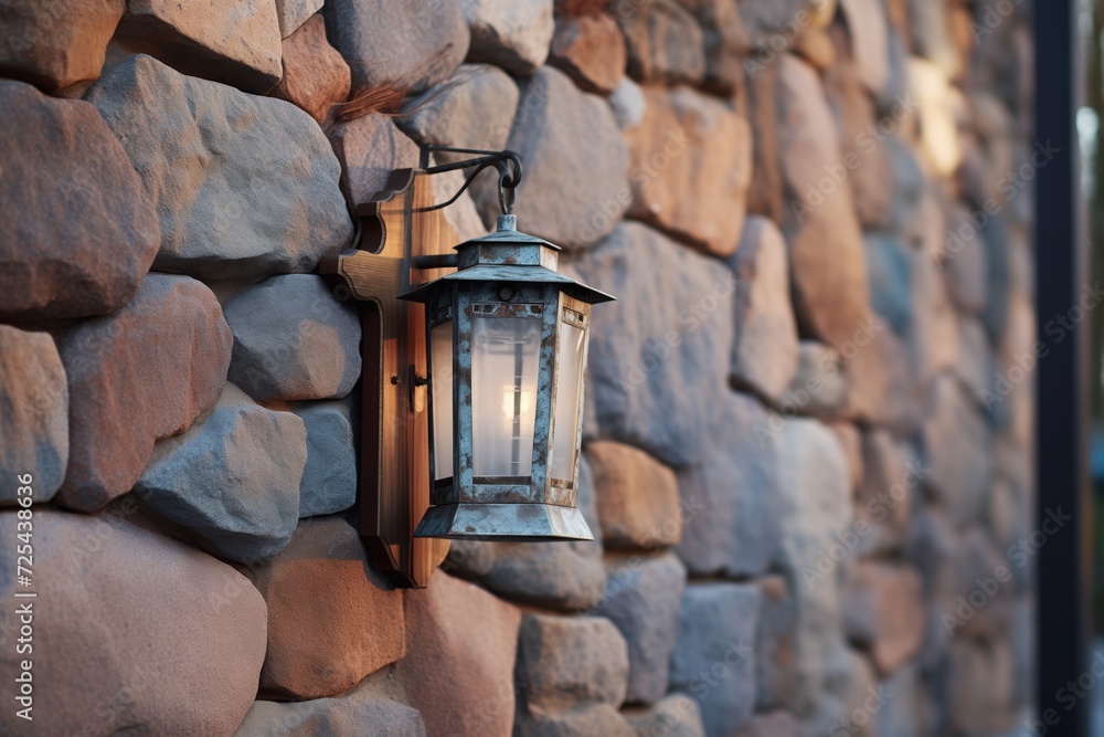 rustic metal lantern on stone wall at dusk