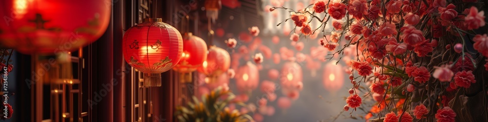 Lunar new year celebration vivid lanterns adorn traditional alley