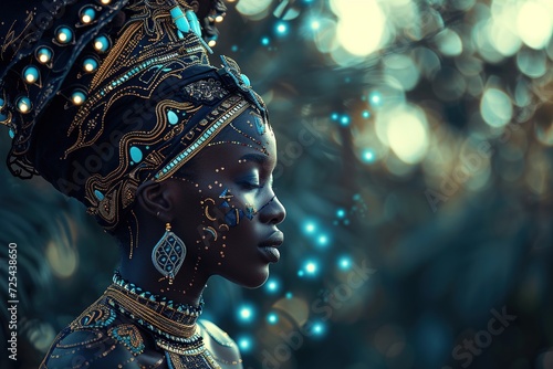 A beautiful african female wearing ornate costume.
