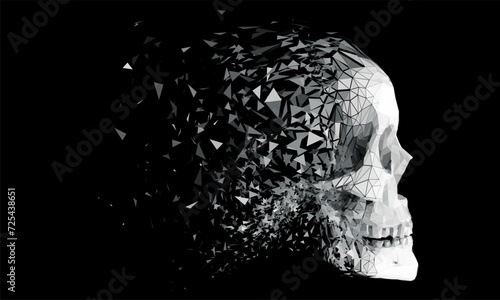 3D low-poly skull breaking apart with a fading dust effect. Vector polygonal skull disintegration. Head dispersion into particles.
