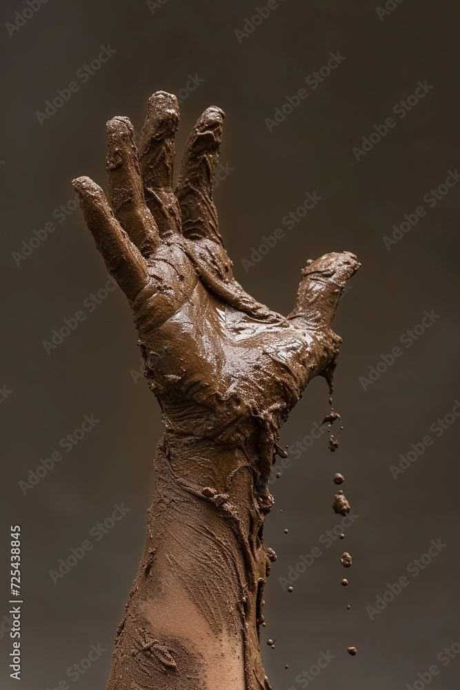 Fototapeta premium A person is showing his hand in mud.