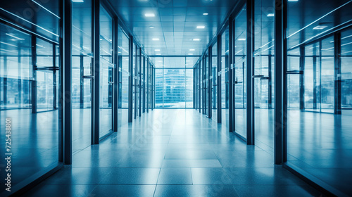 Modern Corporate Office Hallway with Glass Walls Reflecting the Cityscape Outside.