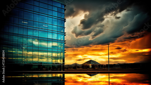 Modern Architectural Beauty Against a Dramatic Sunset Sky Reflecting the Transition from Day to Night.