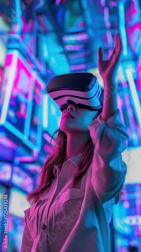 young girl with a VR headset lifestyle metaverse, virtual immersive environement