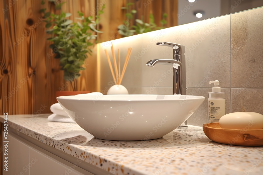 Fototapeta premium Terrazzo counter with sleek white sink in a minimalist modern bathroom. Clean lines and simple elegance define this contemporary interior design.