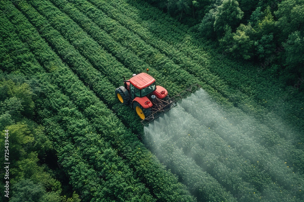Aerial view of tractor spraying pesticides on field.