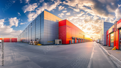 A panoramic view of the factory exterior with shipping containers ready for export, symbolizing the culmination of the manufacturing process