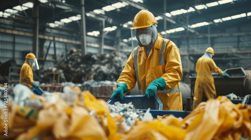 Portrait workers wearing biohazard suits and hardhats working at waste processing plant sorting inside factory