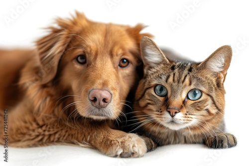 Dog and cat together on white background.