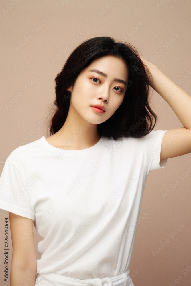 Young pretty Asian woman model wearing tshirt looking at camera standing on color background. Face skin care korean cosmetic and makeup, fashion ads. Beauty portrait. White t-shirt mock up template . Young pretty Asian woman model wearing tshirt looking at camera standing on color background. Face skin care korean cosmetic and makeup, fashion ads. Beauty portrait. White t-shirt mock up template .